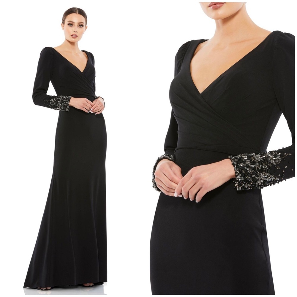Mac Duggal 55712 Black Beaded Cuff Long Sleeve Wrap Over Trumpet Gown